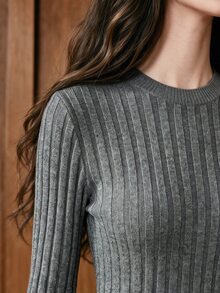 Lost Ink Grey Ribbed Crew Neck Long Sleeve Bodycon Midi Sweater Dress - Grey - View 7