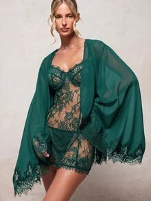 KIZN Sheer Chiffon Wrap Robe With Floral Lace Trim Hem And Cuffs Kimono Style Wide Sleeve Tie Waist Bridal Honeymoon Holiday Gift - Dark Green - View 2