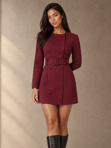 ELLERISSA Burgundy Collarless Double Breasted Belted Long Sleeve Blazer Mini Dress - Burgundy - View 5
