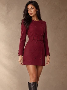 ELLERISSA Burgundy Collarless Double Breasted Belted Long Sleeve Blazer Mini Dress - Burgundy - View 6