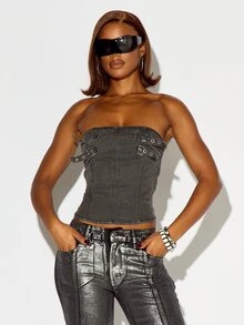 SUMWON WOMEN Washed Denim Strapless Corset Crop Top With Metal Eyelet Buckle Strap Detail Structured Boning Panel Fitted Bandeau Halloween Style - Black - View 1