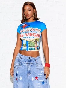 SUMWON WOMEN Welcome To Fabulous Las Vegas Nevada Photographic Print Crop Tee Cap Sleeve Crew Neck Fitted Slim Fit Tee - Blue - View 1