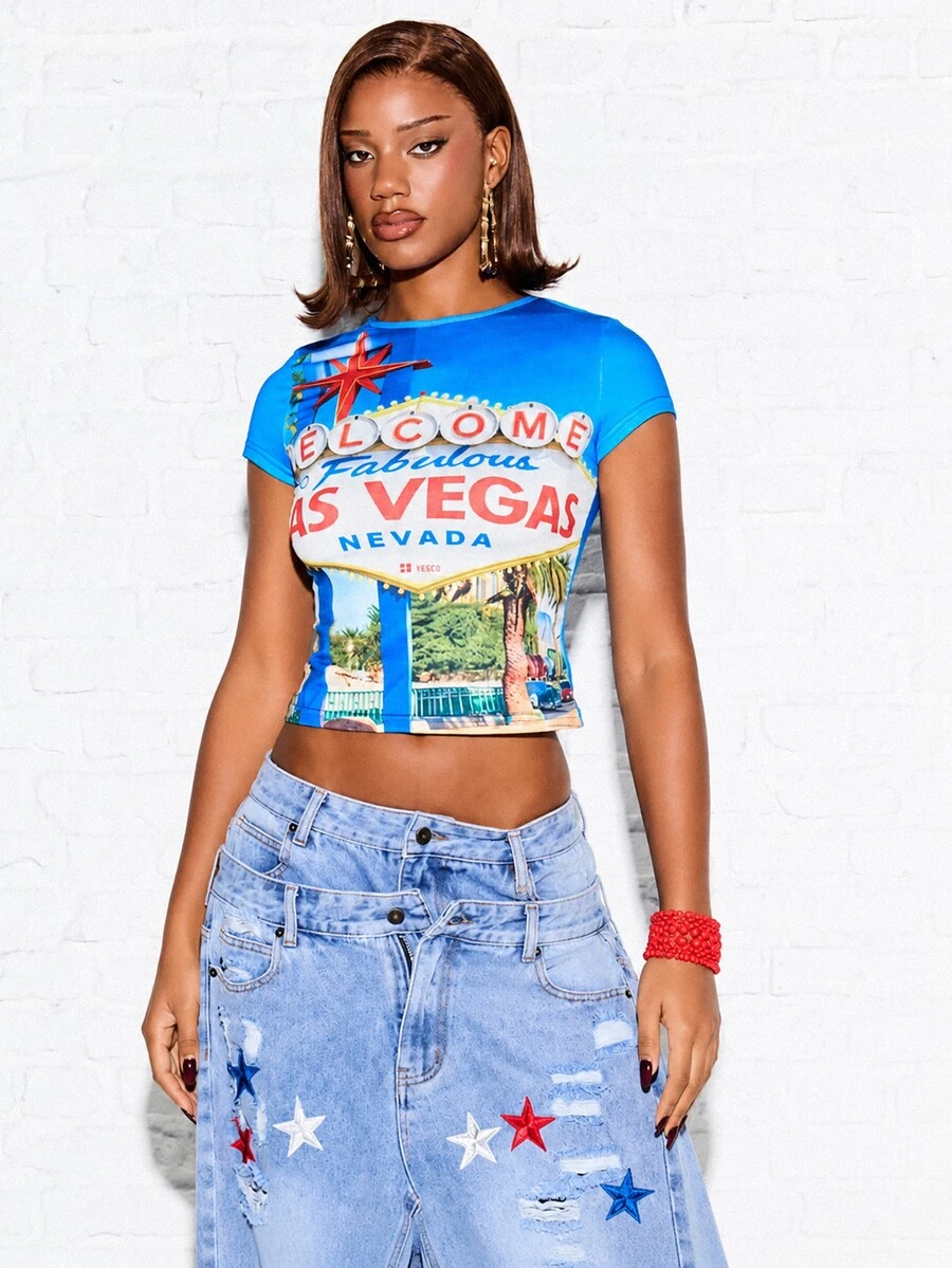 SUMWON WOMEN Welcome To Fabulous Las Vegas Nevada Photographic Print Crop Tee Cap Sleeve Crew Neck Fitted Slim Fit Tee - Blue - View 1