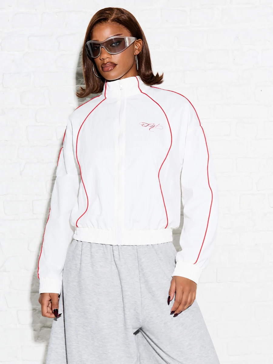 SUMWON WOMEN Winter Essentials Oversized Cropped Track Top Jacket With Zip Neck Red Contrast Piping Seam Detail And Signature Script Logo Long Sleeve Autumn Warm Cozy - White - View 1