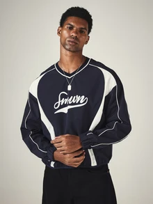 SUMWON Script Logo V-Neck Pullover Sweatshirt With Curved White Panel Inserts Number 9 Back Print Elasticated Hem Streetwear Top - Blue and White - View 6