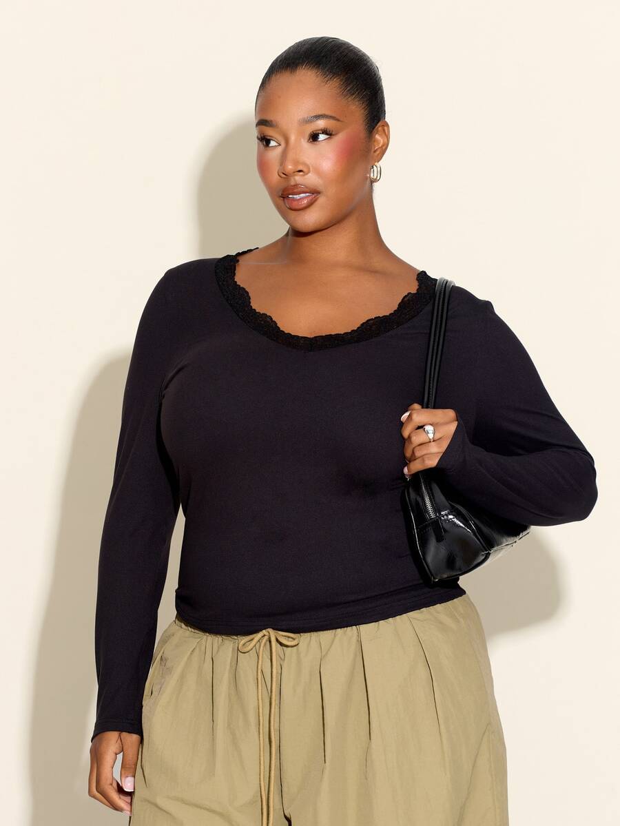 FASHION SZN PLUS SZISE LAYERS LACE TRIM LONG SLEEVE TOP - Black - View 1