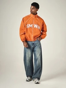 SUMWON Oversized Windbreaker Jacket With Full Zip Closure Varsity Applique Lettering Star Graphic Back Print And White Contrast Piping - Orange - View 3