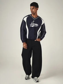 SUMWON Script Logo V-Neck Pullover Sweatshirt With Curved White Panel Inserts Number 9 Back Print Elasticated Hem Streetwear Top - Blue and White - View 3