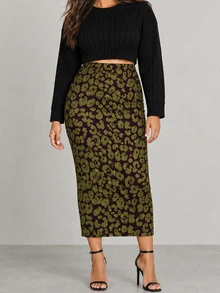 ELLERISSA Plus Size Multicolor Leopard Print Textured High Waist Back Slit Midaxi Tube Skirt - Multicolor - View 1