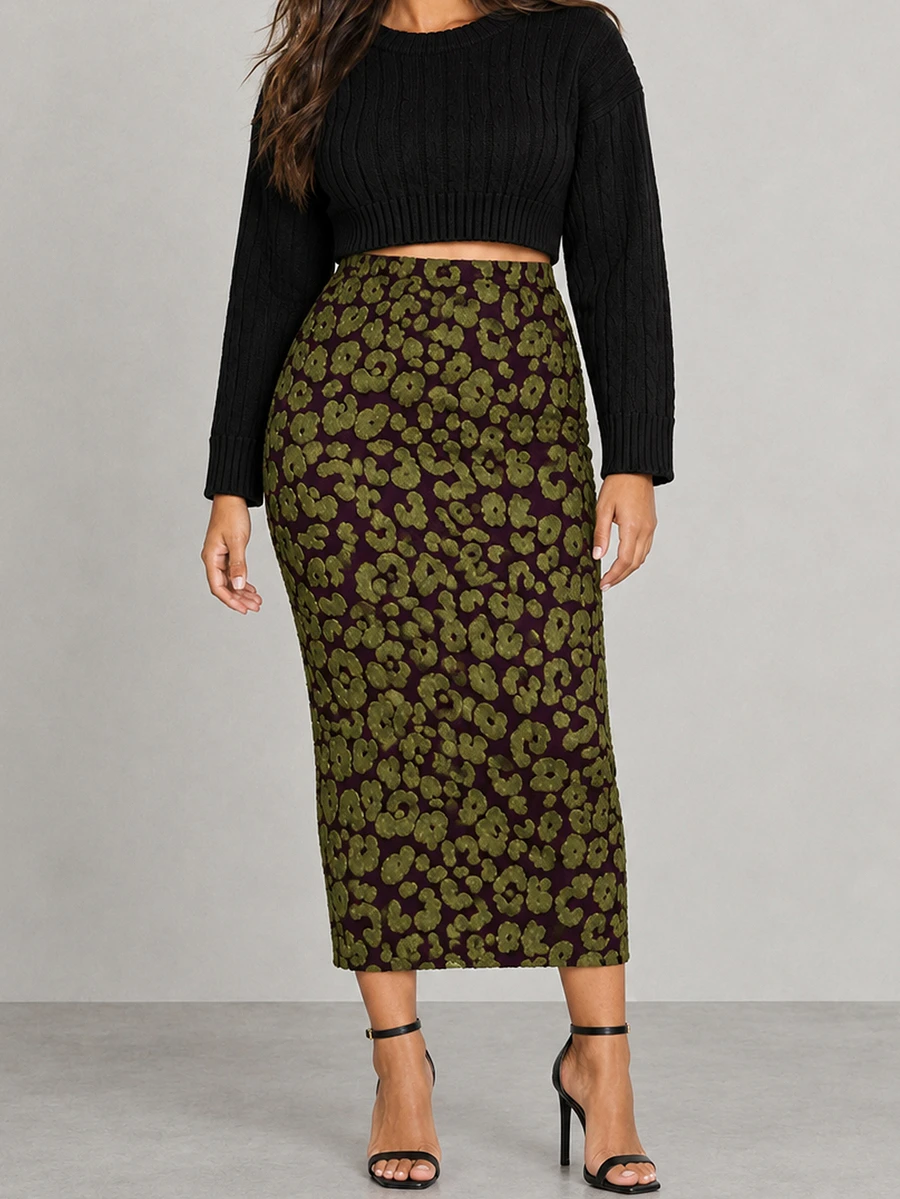 ELLERISSA Plus Size Multicolor Leopard Print Textured High Waist Back Slit Midaxi Tube Skirt - Multicolor - View 1