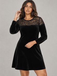 ELLERISSA Plus Size Black Round Neck Long Sleeve Lace Yoke Velvet Shift Mini Dress - Black - View 6