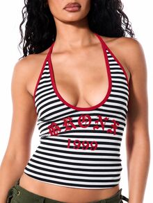 SUMWON WOMEN Bronx 1999 Graphic Halter Crop Top With Deep V Neckline Red Contrast Trim Black White Ribbed Striped Old English Letter Print - Red - View 3
