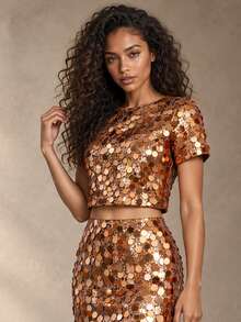 ELLERISSA Gold Round Neck Short Sleeve Sequin Embellished Party Cropped Top - Gold - View 5