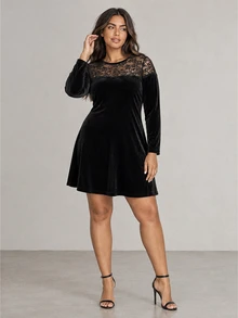 ELLERISSA Plus Size Black Round Neck Long Sleeve Lace Yoke Velvet Shift Mini Dress - Black - View 1