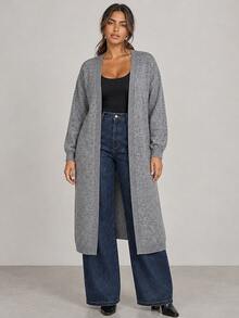 ELLERISSA Plus Size Grey Open Front Drop Shoulder Long Sleeve Longline Knit Cardigan - Grey - View 5