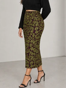 ELLERISSA Plus Size Multicolor Leopard Print Textured High Waist Back Slit Midaxi Tube Skirt - Multicolor - View 3