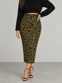 ELLERISSA Plus Size Multicolor Leopard Print Textured High Waist Back Slit Midaxi Tube Skirt - Multicolor - View 5