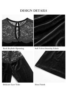 ELLERISSA Plus Size Black Round Neck Long Sleeve Lace Yoke Velvet Shift Mini Dress - Black - View 7