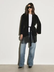 KSTM Rhinestone Embellished Velvet Kimono Jacket With Fringe Hem And Self Tie Belt Open Front Long Sleeve Evening Outerwear - Black - View 3