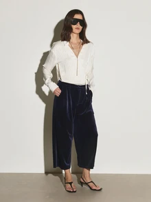KSTM Velvet Wide Leg Cropped Pants With Drawstring Waist High Rise Luxe Plush Fabric Side Pockets Relaxed Fit Evening Lounge Style Party - Navy Blue - View 3