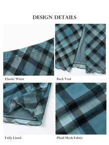 ELLERISSA Plus Size Blue Plaid High Waist Lettuce Hem Mesh Tube Midi Skirt - Blue - View 7