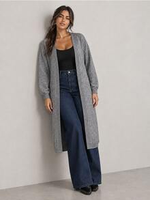 ELLERISSA Plus Size Grey Open Front Drop Shoulder Long Sleeve Longline Knit Cardigan - Grey - View 4