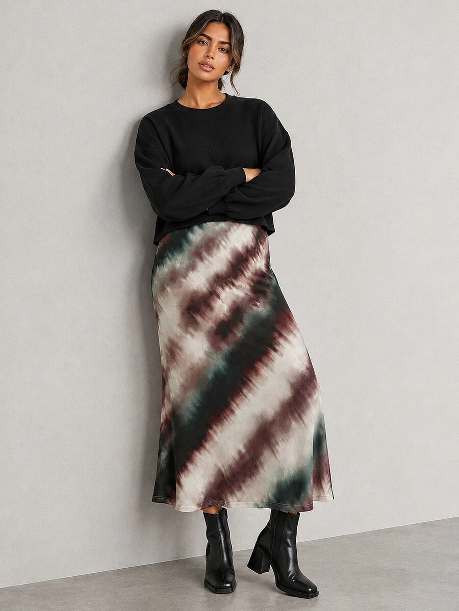 ELLERISSA Plus Size Multicolor Tie Dye Scoop Neck Maxi Dress & Black Long Sleeve Jumper Co-Ord Set - Multicolor - View 1