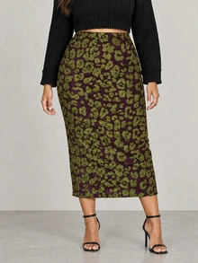 ELLERISSA Plus Size Multicolor Leopard Print Textured High Waist Back Slit Midaxi Tube Skirt - Multicolor - View 6