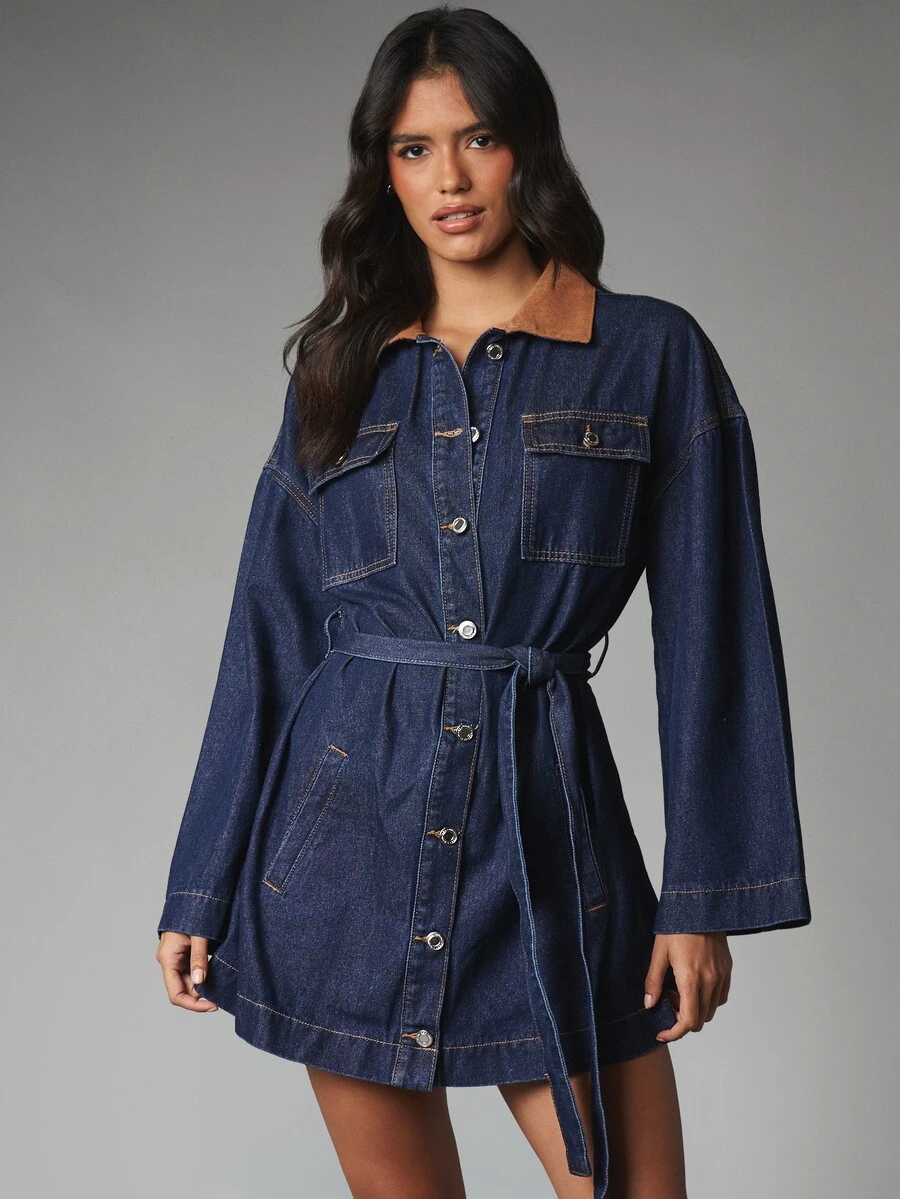 MISSGUIDED Denim Mini Shirt Dress With Contrast Suede Collar Belted Waist Bell Sleeves Chest Pockets And Button Front Closure - Medium Wash - View 1