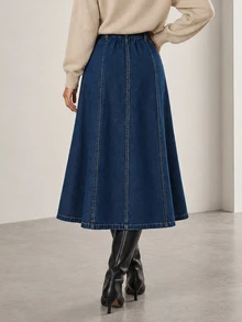 ELLERISSA Dark Wash High Waist A-Line Maxi Denim Skirt - Dark Wash - View 2
