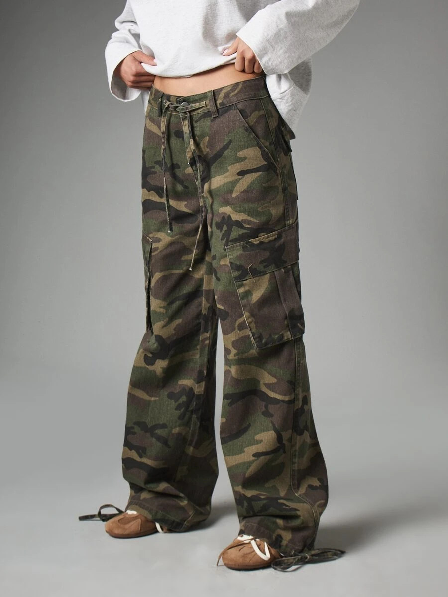 MISSGUIDED Wide Leg Camouflage Cargo Pants With Multi Pocket Utility Design Low Rise Drawstring Waist And Ankle Tie Detail - Multicolor - View 1