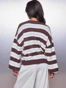 MISSGUIDED Oversized Striped Knit Henley Sweater Top With Button Placket Crew Neck And Wide Boxy Long Sleeves Casual Everyday Pullover - Multicolor - View 2