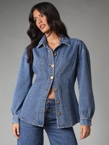 MISSGUIDED جاكيت جينز بتصميم لوحة كورسيه مع أزرار ذهبية وياقة بياقة وأكمام منتفخة وقصة خصر ضيقة - أزرق متوسط - مشاهدة 1
