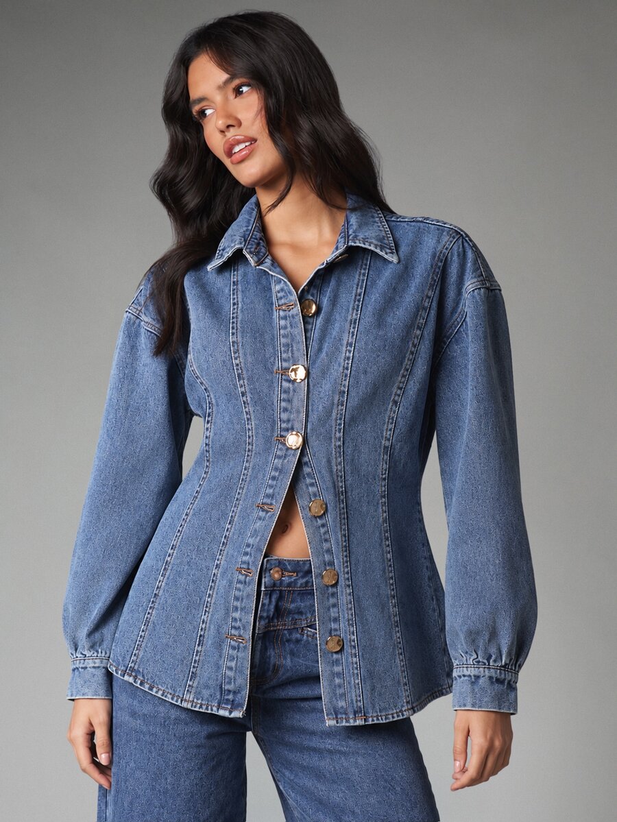 MISSGUIDED جاكيت جينز بتصميم لوحة كورسيه مع أزرار ذهبية وياقة بياقة وأكمام منتفخة وقصة خصر ضيقة - أزرق متوسط - مشاهدة 1