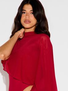 KIZN Chiffon Cape Bodysuit With High Neck Butterfly Sleeves Flowing Draped Back Party Night Out One-Piece Top - Burgundy - View 4
