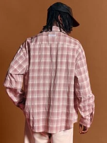 SUMWON Oversized Plaid Shirt With Dual Chest Flap Pockets Spread Collar Button Front Longline Casual Everyday Streetwear Top - Dusty Pink - View 2