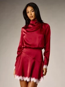 AiiRZ Satin Mini Dress With Cowl Neck Long Sleeves Elastic Waist And Contrast Lace Trim Hem Cuffs Fit And Flare Silhouette - Burgundy - View 1
