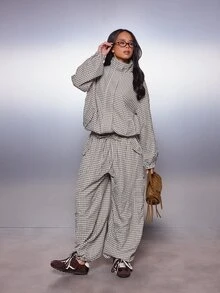 MISSGUIDED Oversized Checked Windbreaker Jacket With Stand Collar Zip Closure And Elasticated Cuffs Casual Street Style Outerwear - Multicolor - View 6