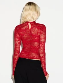 KIZN Floral Lace Sheer High Neck Long Sleeve Fitted Crop Top With Keyhole Back Detail For Night Out - Burgundy - View 2