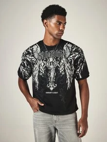 SUMWON Legacy Oversized Graphic T-Shirt With Angel Wings Print Crew Neck Short Sleeve Streetwear Tee - Black - View 6