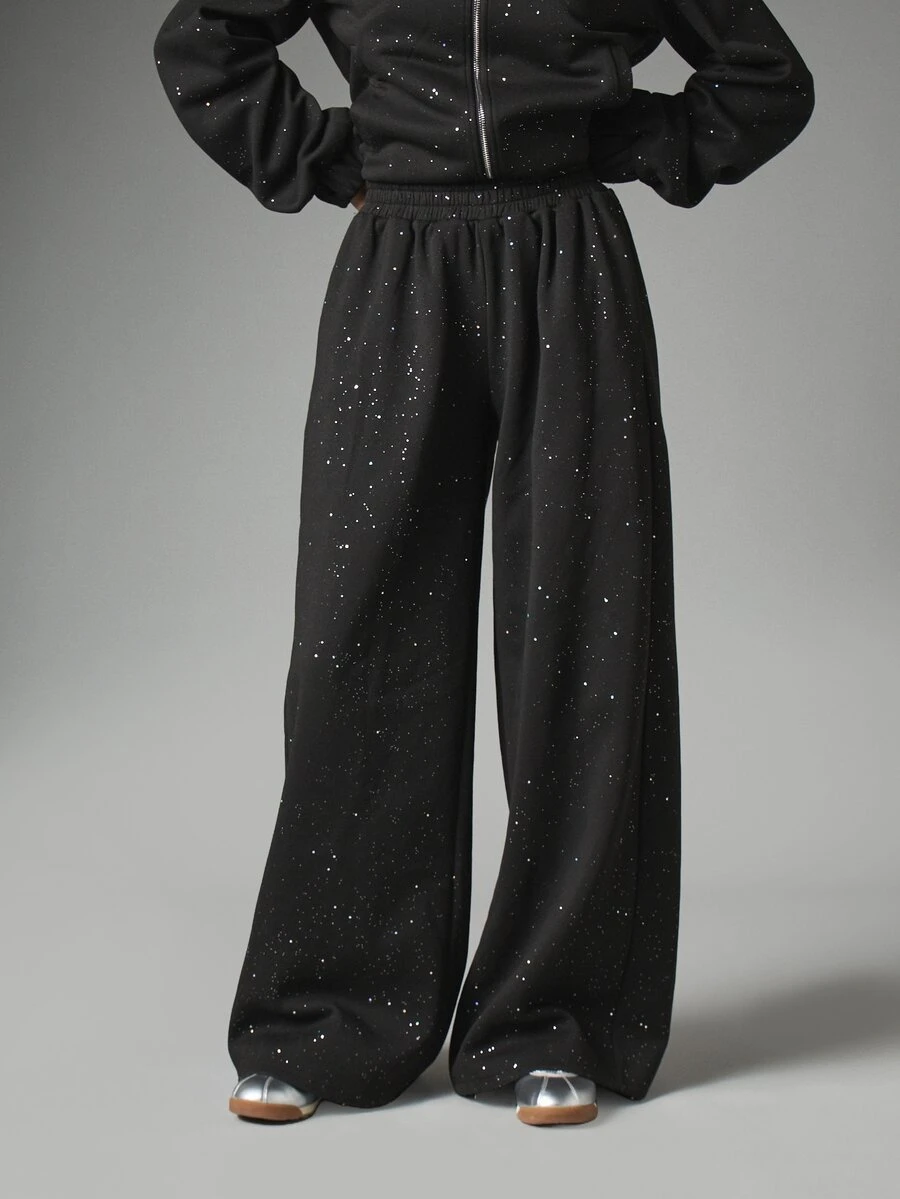 MISSGUIDED Wide Leg High Rise Casual Pants With Allover Crystal Rhinestone Embellishment Elastic Waistband Full Length Sparkle Evening Party Style - Black - View 1