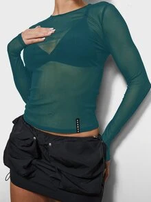 SUMWON WOMEN Sheer Mesh Long Sleeve Crop Top With Round Neck And Thumbhole Cuffs - Semi Transparent Fitted Layering Top - Teal Blue - View 3