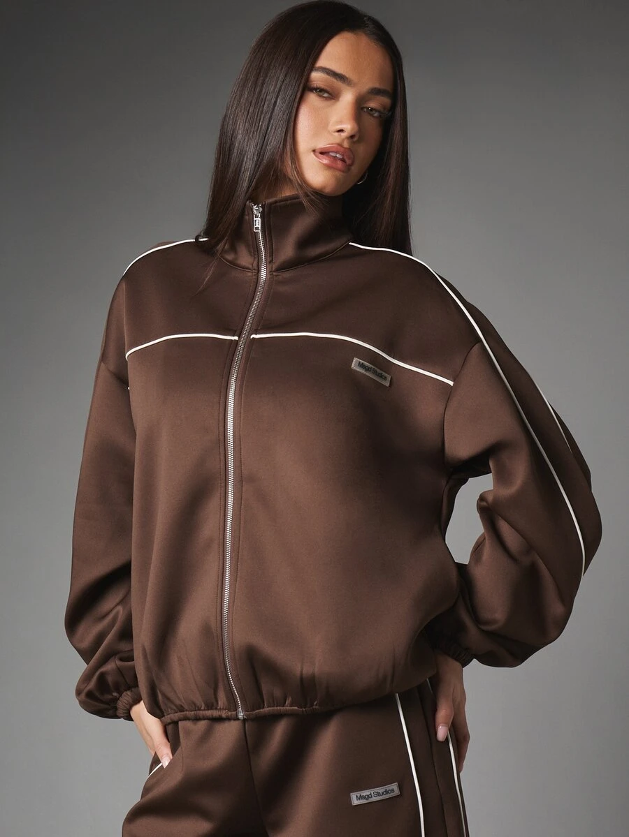 MISSGUIDED Áo khoác thể thao oversize khóa kéo toàn thân cổ cao, viền phối trắng tương phản, gấu áo bo chun, phong cách streetwear thường ngày - Cà phê nâu - Xem 1