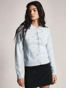 KSTM Embellished Knit Cardigan With Collar Rhinestone Crystal Scatter Detail Button Front Long Sleeve Cropped Sweater - Baby Blue - View 4