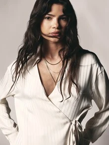 KSTM Satin Pinstripe Wrap Blouse With Collared V-Neck Long Sleeves And Side Tie Waist Detail Oversized Tunic Length - White - View 4