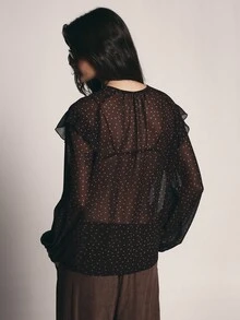 KSTM Sheer Chiffon Polka Dot Ruffle Blouse With Notch Neck Tie Detail Puff Long Sleeves And Frilly Front Trim - Coffee Brown - View 2
