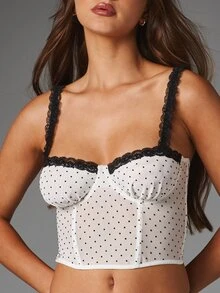 MISSGUIDED Polka Dot Mesh Longline Bustier Bra With Black Lace Trim Straps Underwire Support And Hook Eye Back Closure - Black and White - View 3