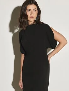 KSTM Elegant Midi Sheath Dress With High Neck Puff Sleeves Back Slit Smooth Woven Fabric Evening Party - Black - View 3