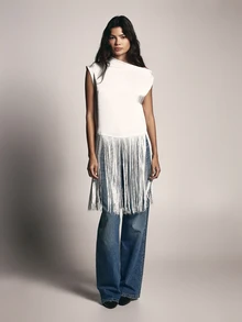 KSTM Cap Sleeve High Neck Longline Top With Dramatic Long Fringe Hem Trim Solid Casual Everyday Statement Blouse - White - View 3