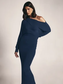 KSTM Off-Shoulder Batwing Long Sleeve Bodycon Dress With Cinched Waist Detail In Soft Sweater Knit Fabric Evening Occasion - Navy Blue - View 3